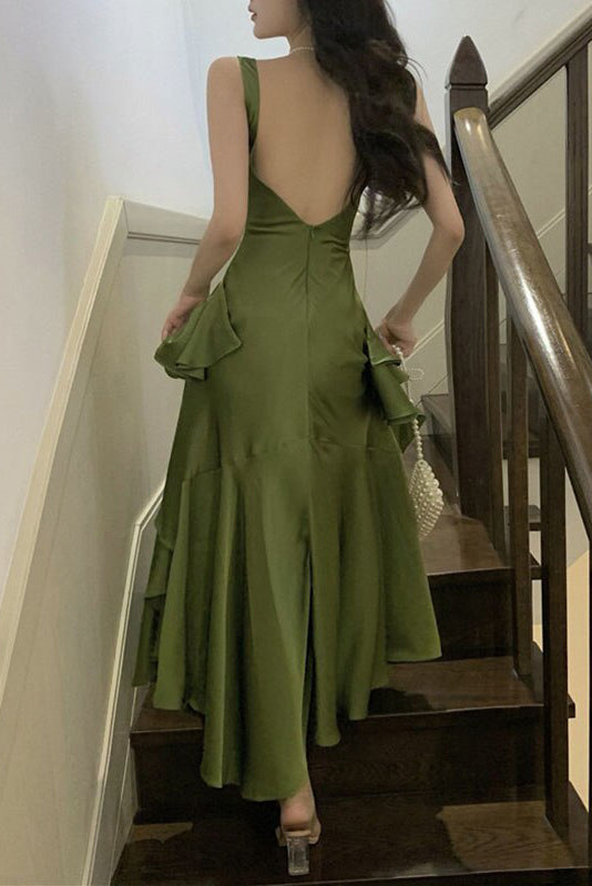 Satin Green Square Backless Sleeveless Long Prom Dress With Slit Ruffle