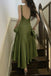 Satin Green Square Backless Sleeveless Long Prom Dress With Slit Ruffle