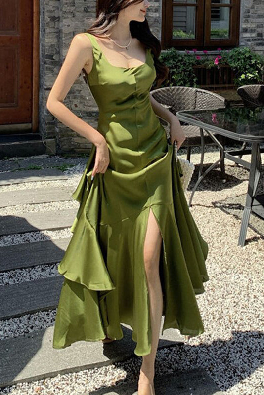 Satin Green Square Backless Sleeveless Long Prom Dress With Slit Ruffle