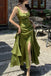 Satin Green Square Backless Sleeveless Long Prom Dress With Slit Ruffle