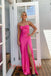 Elegant Spaghetti Straps Pink Satin Ruched Evening Gown with High Slit