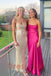 Elegant Spaghetti Straps Pink Satin Ruched Evening Gown with High Slit