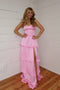 Elegant Pink Formal Dress A-Line Backless Satin Ruffle Dress with Slit