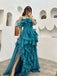 Off Shoulder Blue Short Sleeves A-line Long Prom Dress With Ruffles Slit