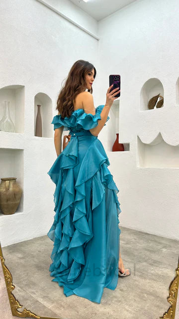 Off Shoulder Blue Short Sleeves A-line Long Prom Dress With Ruffles Slit