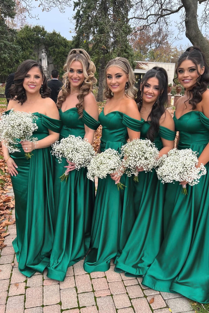 Off the shoulder Dark Green Mermaid Satin V-neck Long Bridesmaid Dresses