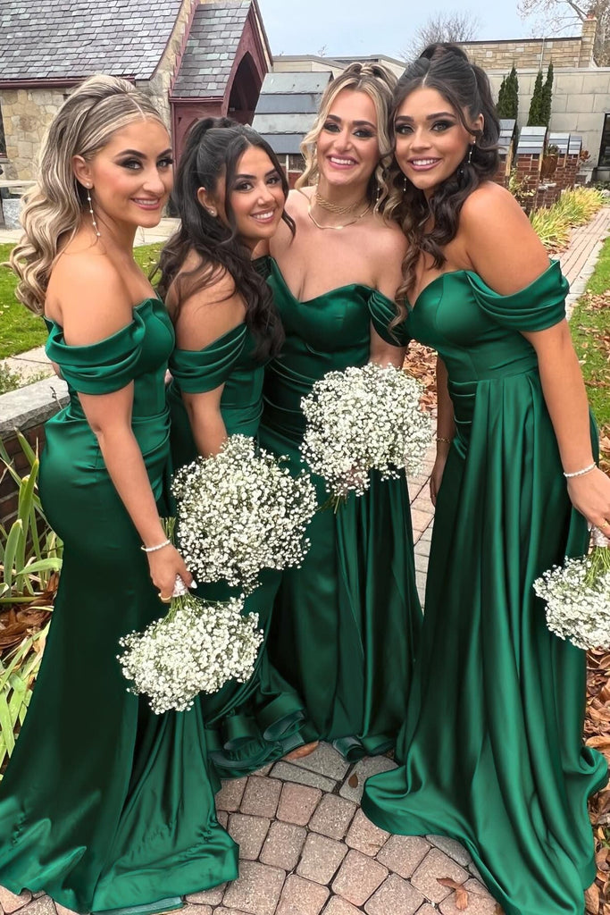 Off the shoulder Dark Green Mermaid Satin V-neck Long Bridesmaid Dresses