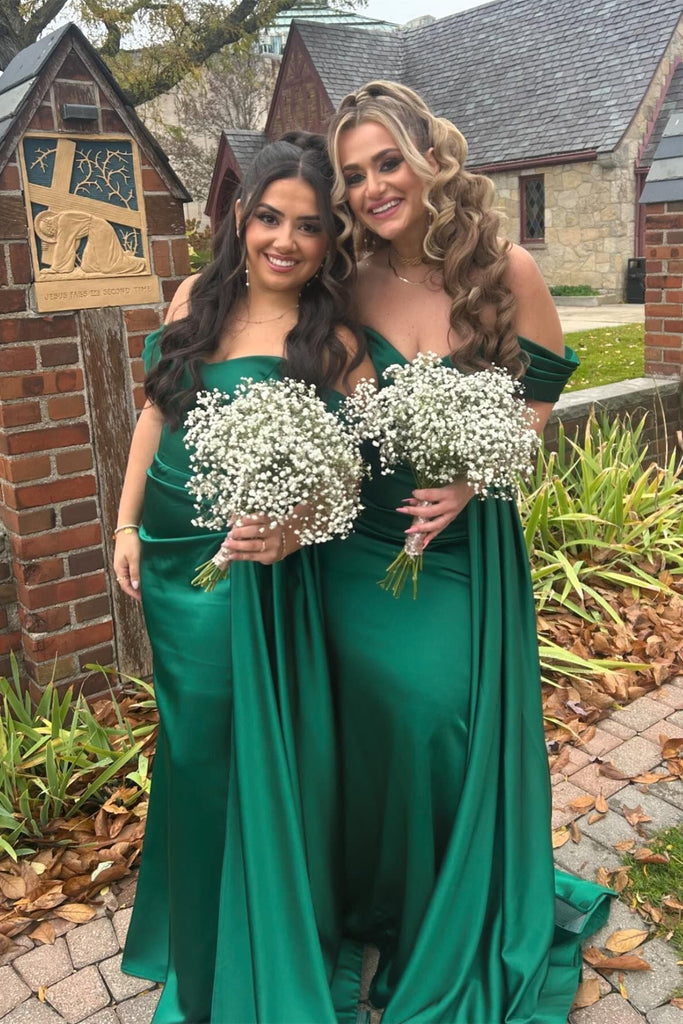 Off the shoulder Dark Green Mermaid Satin V-neck Long Bridesmaid Dresses