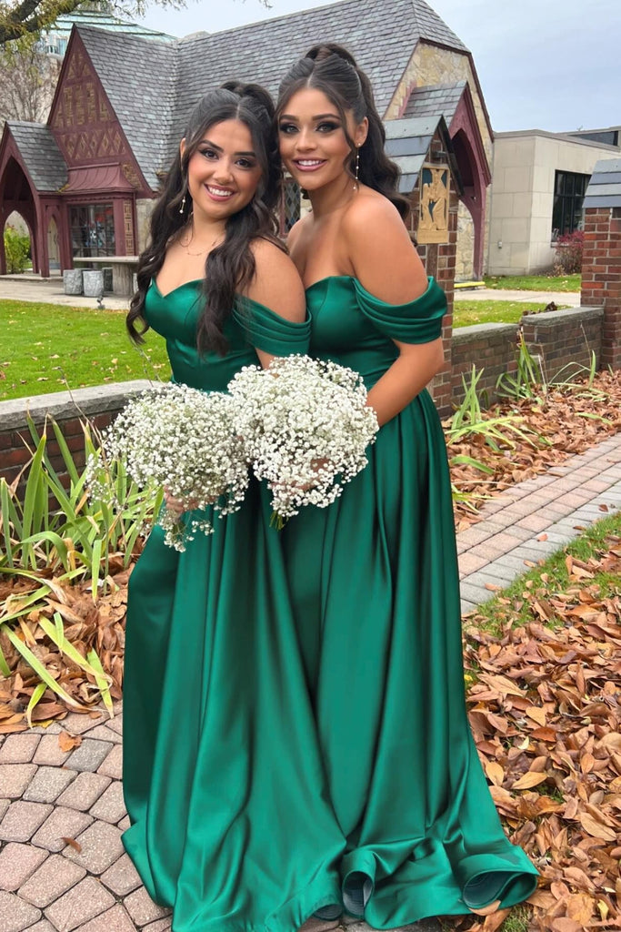 Off the shoulder Dark Green Mermaid Satin V-neck Long Bridesmaid Dresses