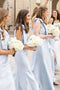 One Shoulder Light Blue Satin Long Bridesmaid Dresses with Box