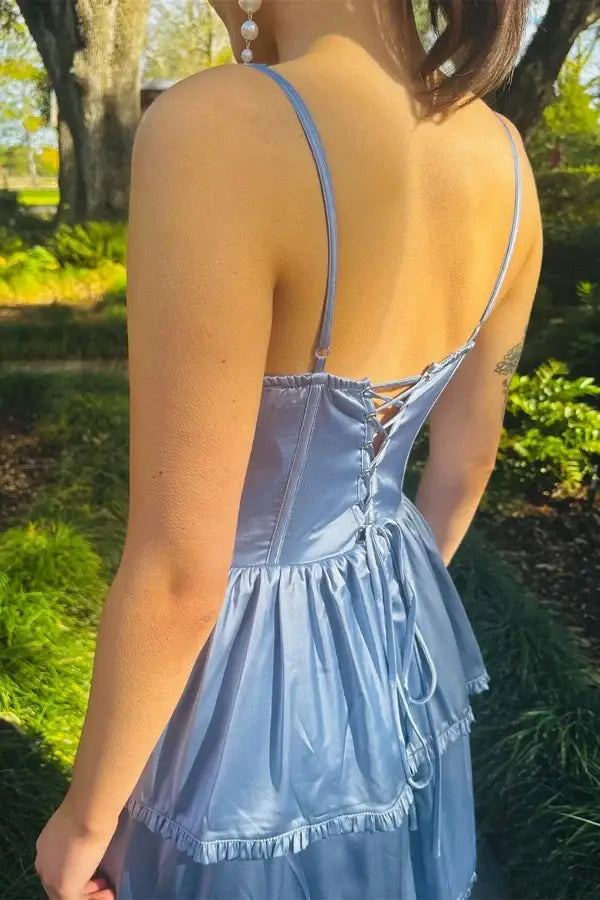 Spaghetti Straps Dusty Blue Long Prom Dress with Layers, Slit Evening Dress