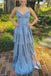 Spaghetti Straps Dusty Blue Long Prom Dress with Layers, Slit Evening Dress