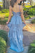 Spaghetti Straps Dusty Blue Long Prom Dress with Layers, Slit Evening Dress