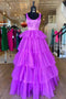 Crew Neck Lilac A-Line Backless Tulle Long Formal Dress With Tiered