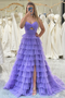 Spaghetti Straps Purple Slit Prom Dress A Line Evening Dress with Ruffles