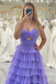 Spaghetti Straps Purple Slit Prom Dress A Line Evening Dress with Ruffles