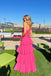 Spaghetti Straps Fuchsia Prom Dress A Line Chiffon Tiered Evening Dress with Cutout