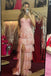 Spaghetti Straps Pink Lace Long Prom Dress Ruffles Party Dress with Slit Appliques