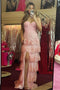 Spaghetti Straps Pink Lace Long Prom Dress Ruffles Party Dress with Slit Appliques