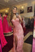 Spaghetti Straps Pink Lace Long Prom Dress Ruffles Party Dress with Slit Appliques