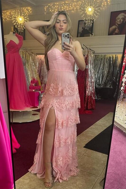 Spaghetti Straps Pink Lace Long Prom Dress Ruffles Party Dress with Slit Appliques