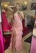 Spaghetti Straps Pink Lace Long Prom Dress Ruffles Party Dress with Slit Appliques