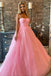 Spaghetti Straps Pink A Line Sweetheart Tulle Long Prom Dress With Sequin