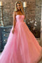 Spaghetti Straps Pink A Line Sweetheart Tulle Long Prom Dress With Sequin