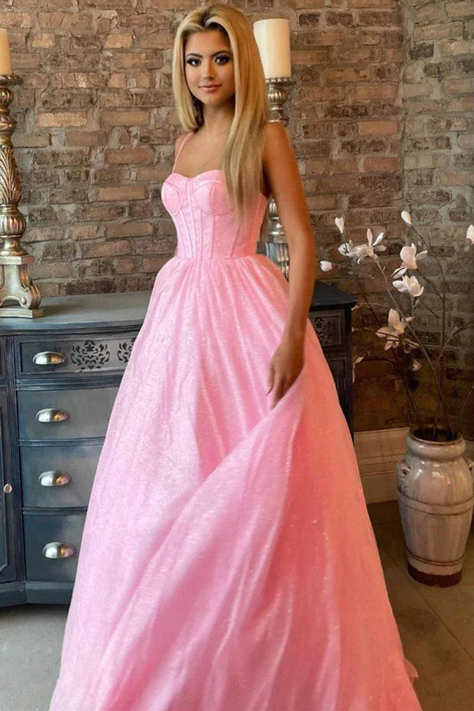 Spaghetti Straps Pink A Line Sweetheart Tulle Long Prom Dress With Sequin