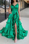 Spaghetti Straps Green V-neck Prom Dress A-line Slit Evening Dress with Ruched