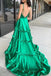 Spaghetti Straps Green V-neck Prom Dress A-line Slit Evening Dress with Ruched