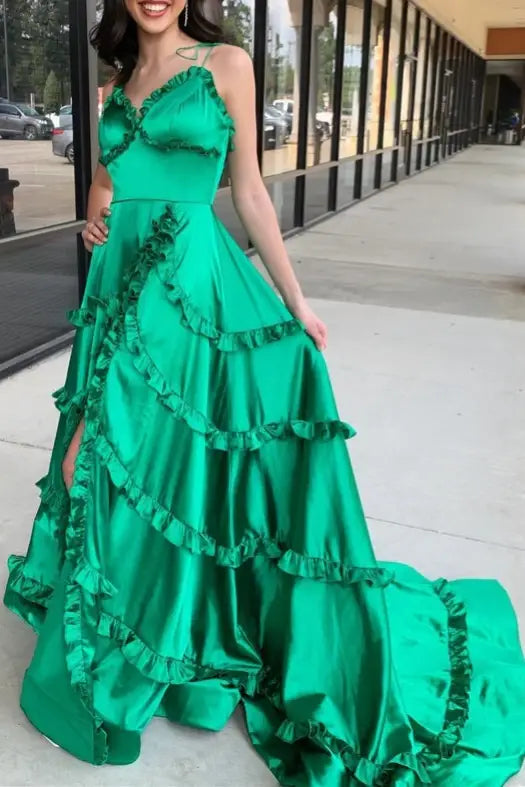 Spaghetti Straps Green V-neck Prom Dress A-line Slit Evening Dress with Ruched