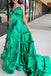 Spaghetti Straps Green V-neck Prom Dress A-line Slit Evening Dress with Ruched