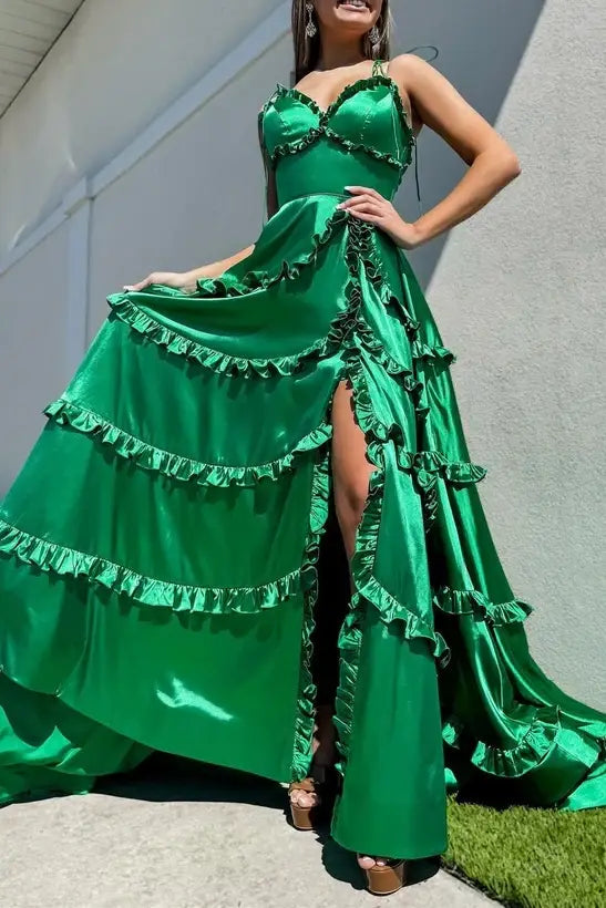 Spaghetti Straps Green V-neck Prom Dress A-line Slit Evening Dress with Ruched