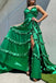 Spaghetti Straps Green V-neck Prom Dress A-line Slit Evening Dress with Ruched