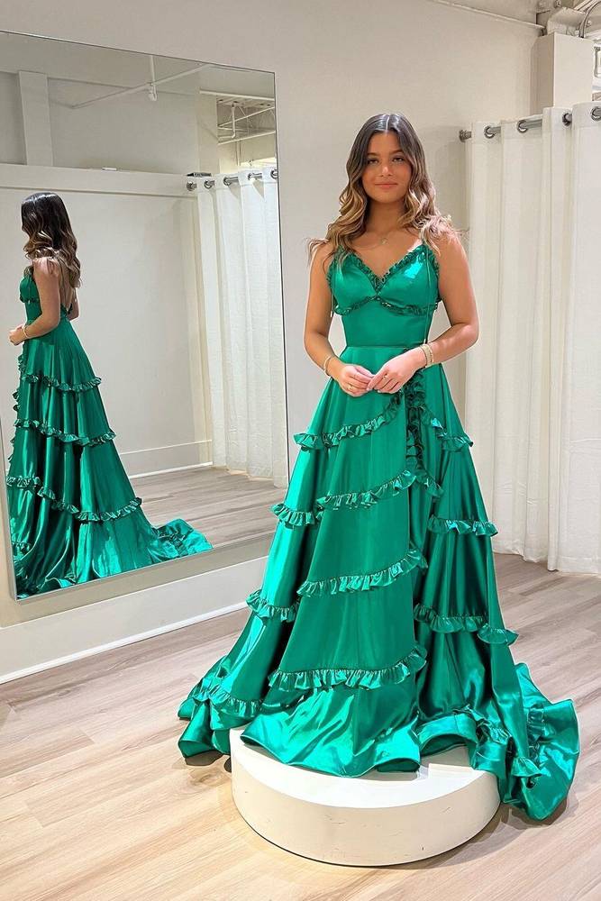 Spaghetti Straps Green V-neck Prom Dress A-line Slit Evening Dress with Ruched