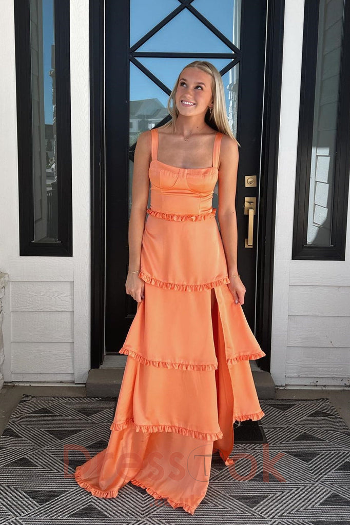 A Line Orange Slit Backless Long Prom Dress Sleeveless Evening Dress with Ruffles