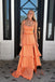 A Line Orange Slit Backless Long Prom Dress Sleeveless Evening Dress with Ruffles