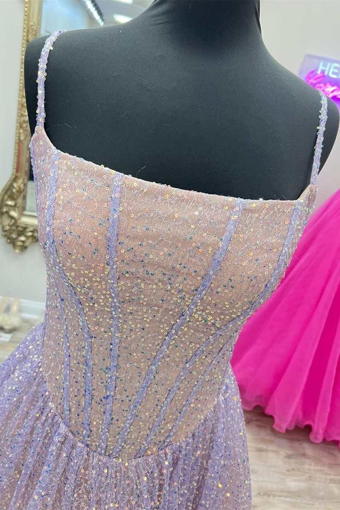 Spaghetti Straps Pink Long Prom Dress With Sequins, A Line Party Gown