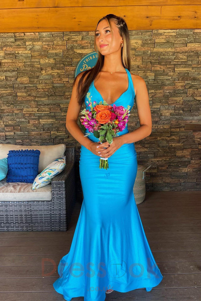 Mermaid Blue Low V Neck Backless Long Prom Dress Sleeveless Formal Dress