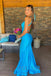 Mermaid Blue Low V Neck Backless Long Prom Dress Sleeveless Formal Dress