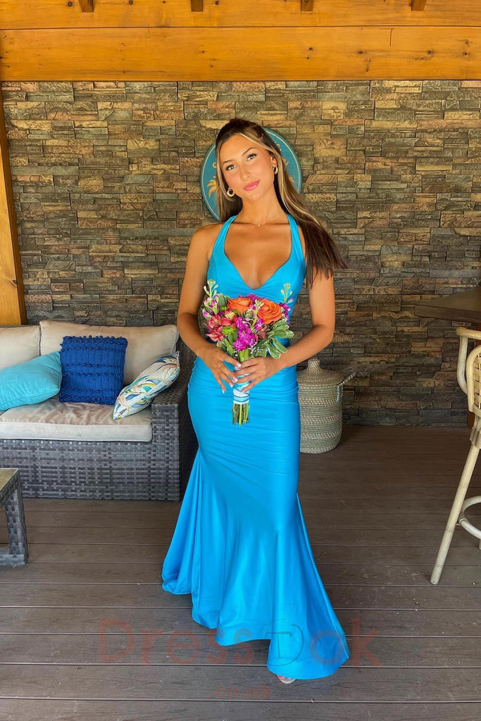 Mermaid Blue Low V Neck Backless Long Prom Dress Sleeveless Formal Dress