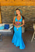 Mermaid Blue Low V Neck Backless Long Prom Dress Sleeveless Formal Dress