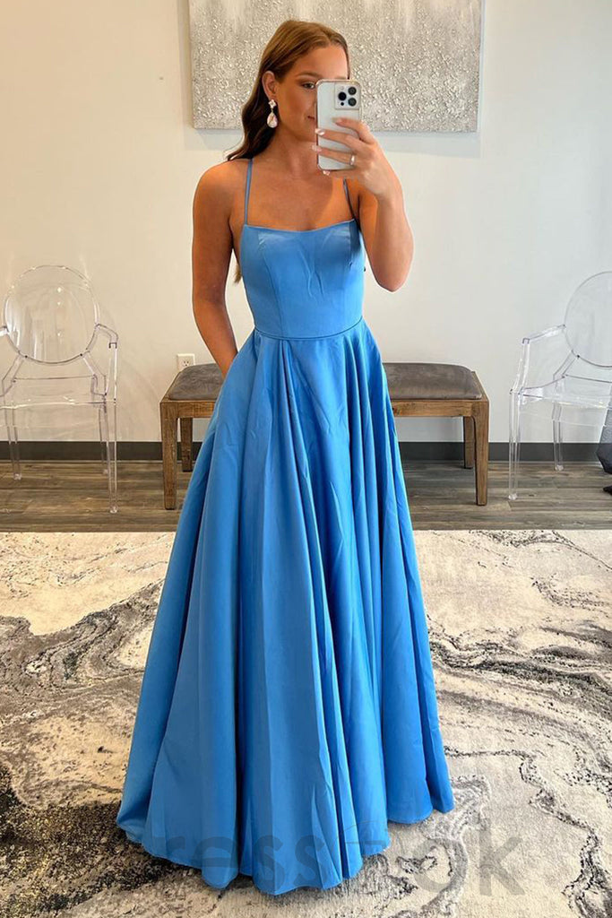 Spaghetti Straps Blue Prom Dress A-Line Square Neck Satin Evening Dress with Pockets