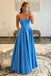 Spaghetti Straps Blue Prom Dress A-Line Square Neck Satin Evening Dress with Pockets