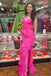 Spaghetti Straps Hot Pink Mermaid Slit Long Prom Dress With Ruffles