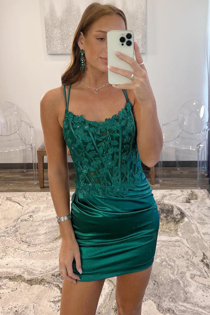 Spaghetti Straps Emerald Green Satin A Line Short Homecoming Dress