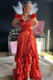 Ruffled Straps Red Layered Satin Long Prom Dress With Pleated