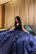 Spaghetti Straps Dark Blue A-Line Tulle Long Prom Dress With Ruched