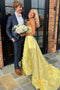 Strapless Yellow Prom Dress A Line Satin Evening Dress with 3D Applique